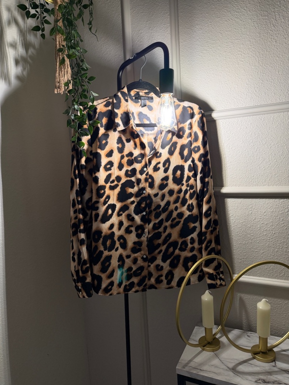 Forever 21 Leopard Print Satin Button-Down - Brown/Black